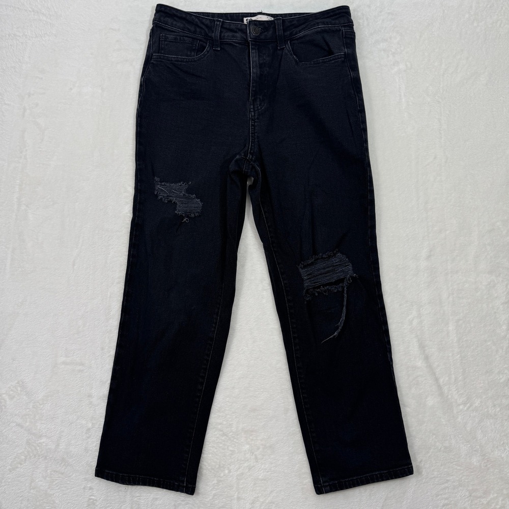 SO Straight Leg Jeans Womens 11/30W Black High Rise Distressed Denim Pants